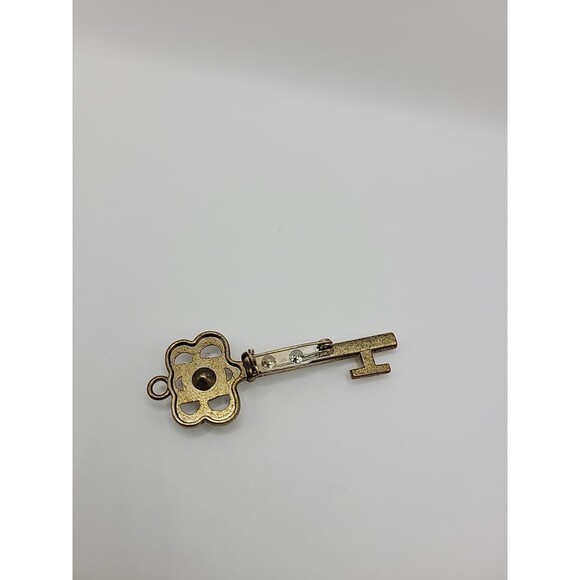 Vintage Rhinestone Key Brooch Gold Tone Skeleton Key Pin Crystals Elegant - Picture 5 of 11
